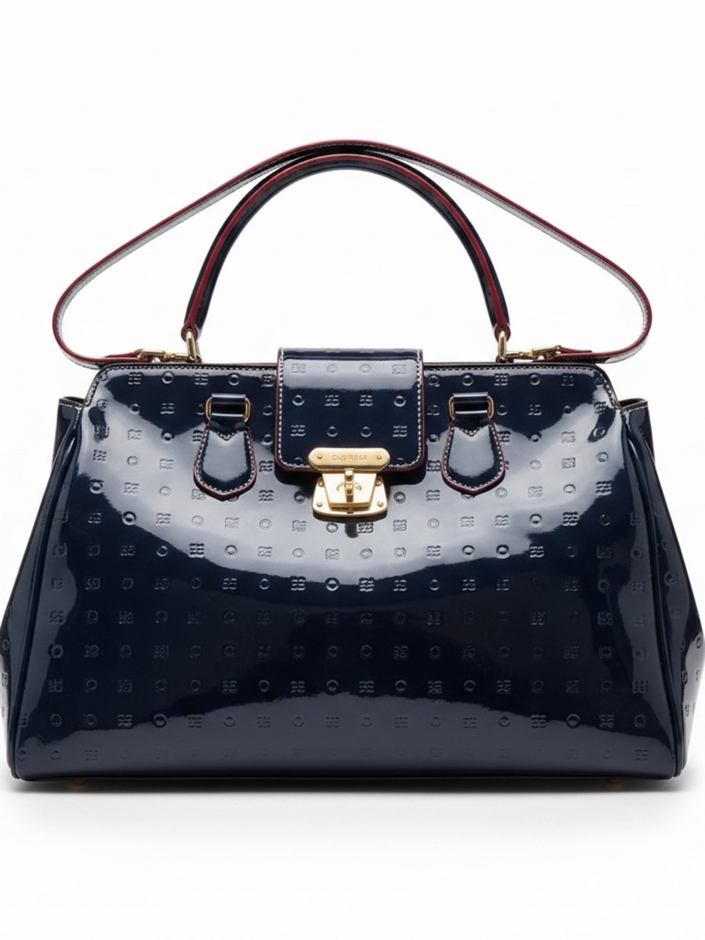 Arcadia Navy Patent Satchel with Gold Hardware and Red Trim